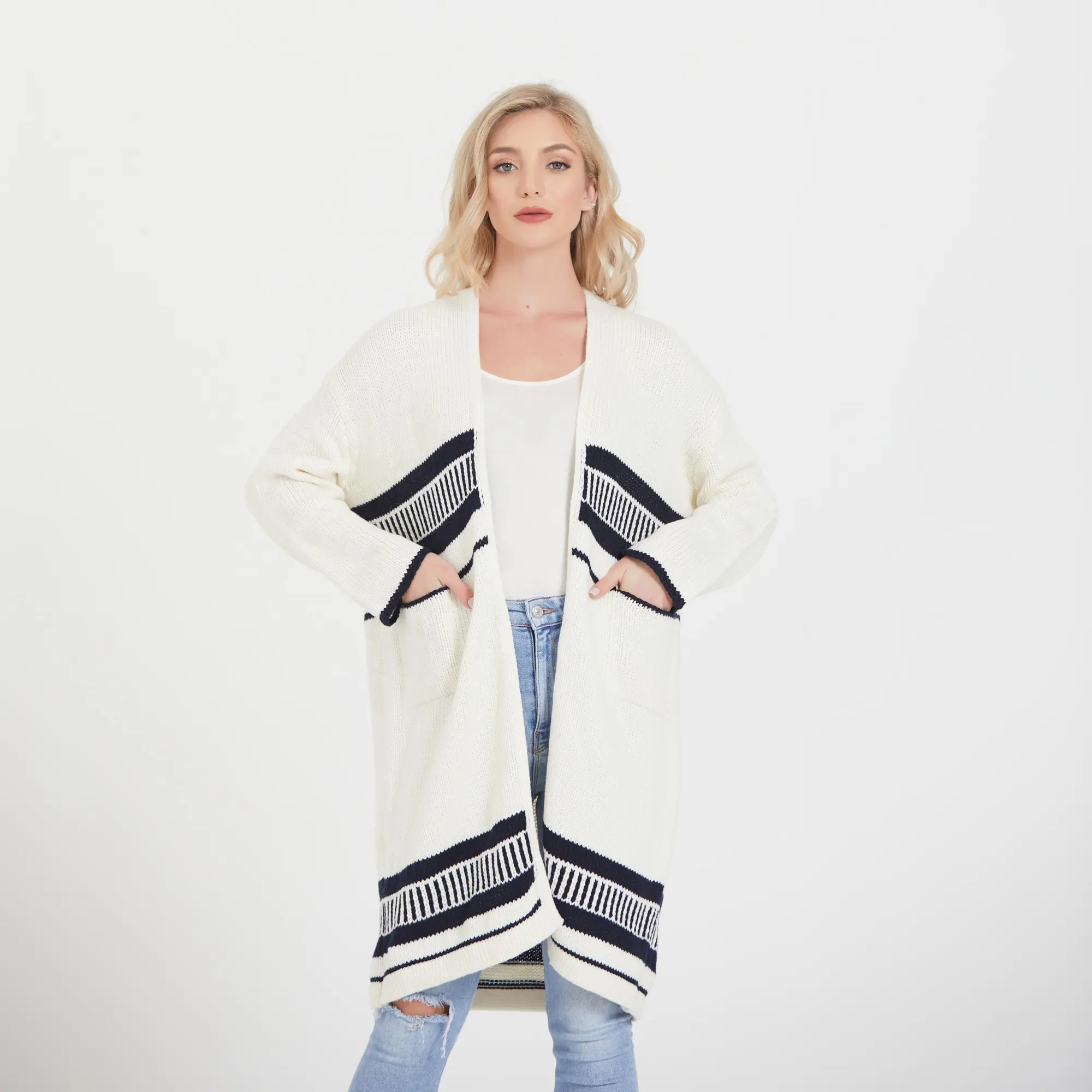 Oem Retro Jacquard Knit Women Long Cardigan With Pockets And Contrast Black Patterns Sweater For Autumn Winter