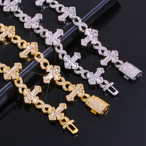 Fine Men's 15MM Geometric Hiphop Iced Chain Gold Plated Brass Flip Lock Cross 8 Character <strong>Infinity</strong> Charm Bling CZ Charm <strong>Bracelet</strong> - Product Image 3