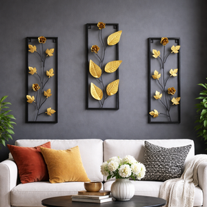 Arte de Pared Metálico Moderno, Decoración Floral de Hojas, Adorno de Pared de Tres Piezas para Sala de Estar u Oficina - Product Image 1