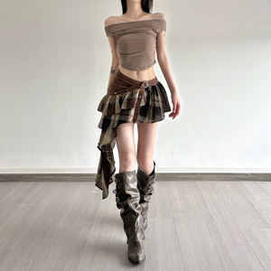 Mini-jupe à nouer en patchwork à carreaux pour femmes, taille haute, asymétrique, à couches, style rétro européen - Product Image 2