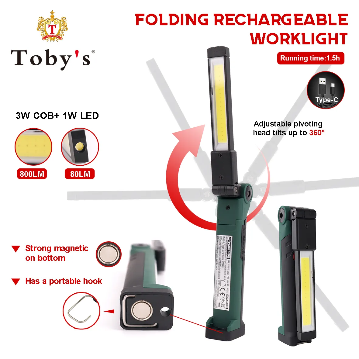 Tobys-Luz LED portátil de trabajo, lámpara de trabajo de inspección delgada, recargable, precio de fábrica, 800LM