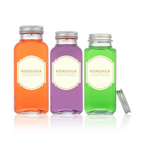 Bouteilles en verre carrées en gros pour jus, lait et boissons, vides, avec impression de logo personnalisé et emballage en boîte de vente au détail