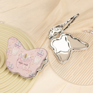 Miroir compact en cuir PU imprimé motif papillon, cadre métallique argenté, double face, verre HD, format poche, thème dessert pastel - Product Image 6