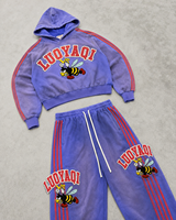 Ensemble de survêtement pour homme avec sweat à capuche zippé et pantalon de survêtement, broderie personnalisée effet vieilli, strass, délavé soleil et délavé à l'acide, fabrication sur mesure