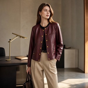 <strong>Women</strong> Coat Wine Red Crew Collar Gold Buttons Multi Split Pockets <strong>Petite</strong> Short Commuter <strong>Leather</strong> <strong>Jacket</strong> - Product Image 1