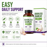 Extrait d'ail inodore 20:1, 500 mg en gélules molles, équivalent 10000 mg frais, 5000 mcg d'allicine, complément pour le bien-être immunitaire, en vrac