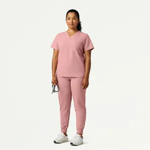 Yuhong Women Recycle Soft Fabrics V-Neck T-shirt Top Hospital Nursing Uniforms Suit Bottom Jogger Multi-pockets Pants Scrubs Set