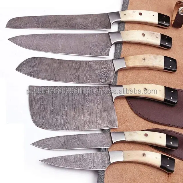 Conjunto de facas de chef em aço damasco, acessório profissional para uso profissional, 6 peças com cabo de osso de camelo, mais vendido