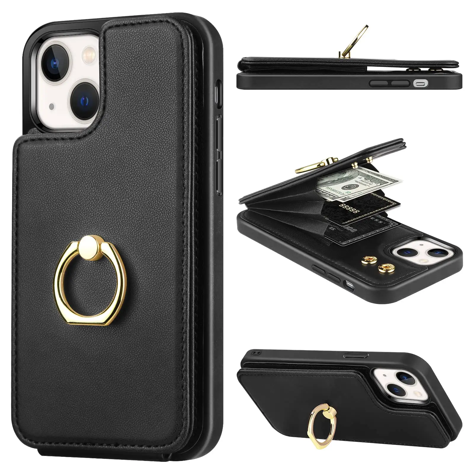 For iPhone 14 pro with Card Holder 360 Rotation Ring Stand Kickstand Women Girls PU Leather Double Buttons Flip Cover RFID Block