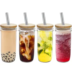 Reusable Wide Mouth 16oz 20oz 24oz Glass Mason Jars Cups With Bamboo Lids for Smoothie Boba Tea Juice Drinking