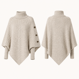 Suéter tipo poncho de punto trenzado para mujer, cuello alto, con <span class=keywords><strong>botones</strong></span> <span class=keywords><strong>laterales</strong></span> decorativos, dobladillo asimétrico, holgado, para invierno - Product Image 4