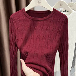 Maglione <span class=keywords><strong>bordeaux</strong></span> girocollo in <span class=keywords><strong>maglia</strong></span> da <span class=keywords><strong>donna</strong></span> autunno inverno strato Base ampio Pullover in lana sottile Chic Top a maniche lunghe - Product Image 1