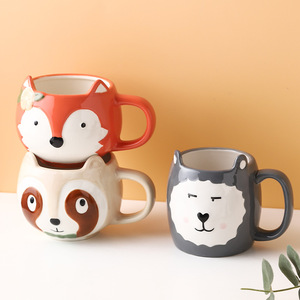 Lelyi-Taza de cerámica con dibujos animados, tazón creativo pintado a mano con animales, zorro, mapache, gato, búho - Product Image 2