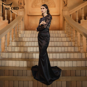 Abito da Sera Elegante e Sobrio da Donna a Sirena in Raso <span class=keywords><strong>Nero</strong></span> con <span class=keywords><strong>Pizzo</strong></span>, <span class=keywords><strong>Maniche</strong></span> <span class=keywords><strong>Lunghe</strong></span> e Strascico Lungo - Product Image 5