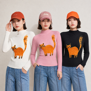 Dames Blouse met Grappige Kattenprint, Geplooide Mock Neck, Lange Mouwen, Wafelstructuur, Plissé, 2026 Elegante Miyake Stijl, Slim Fit - Product Image 6