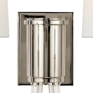 Applique murale double à 2 lumières en nickel poli, bras en verre courbé en U, abat-jour en lin, pour miroir de salle de bain, homologuée - Product Image 4