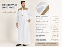 YSYL Thobe Pria Elegan, Jubah Panjang Islami Poliester Warna Blok Dengan Saku, Pakaian Muslim Pria untuk Pernikahan, Festival & Sehari-hari
