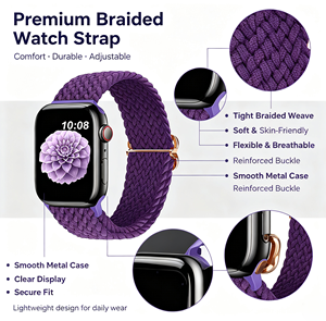 Bracelet en nylon tressé réglable pour <span class=keywords><strong>Apple</strong></span> <span class=keywords><strong>Watch</strong></span>, bracelet de sport élastique tissé pour IWatch Ultra Series 10 9 <span class=keywords><strong>8</strong></span> 7 SE - Product Image 2