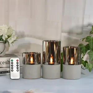 3 Pcs/set Elegant LED Wax Candle Light Faux Concrete Pillar With Moving Flame For Restaurant And Dining Table