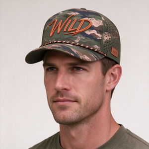 Casquette de baseball perforée camouflage à 6 panneaux, broderie 3D, chapeau d'extérieur WILD, résistant à l'eau, avec patch en polyester et corde, 100% polyester - Product Image 1