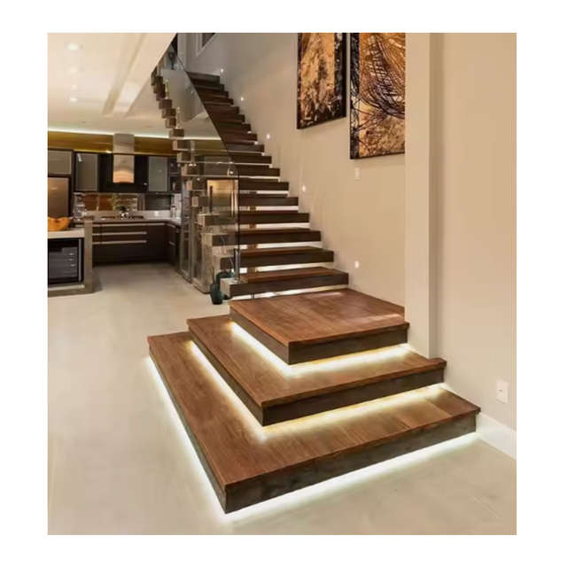 Wholesale Modern Design Floating Stair Treads with LED Lighting Glass Floating Staircase Commercial Wooden Metal Stairs