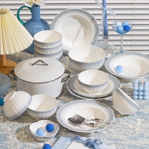 Precio de fábrica, venta al por mayor, juego de <span class=keywords><strong>vajilla</strong></span> de porcelana, color blanco, diseño en <span class=keywords><strong>relieve</strong></span>, platos de cena de cerámica, 58 piezas, juegos de <span class=keywords><strong>vajilla</strong></span> - Product Image 2