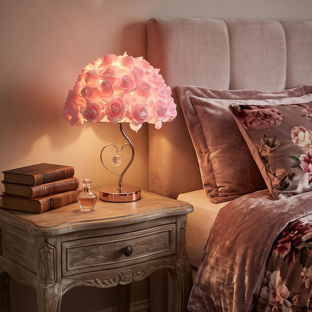 Modern Decorative Rose Flower Table Lamp Heart-Shaped Metal Base Crystal Pendant for Living Room Bedroom Home Decor