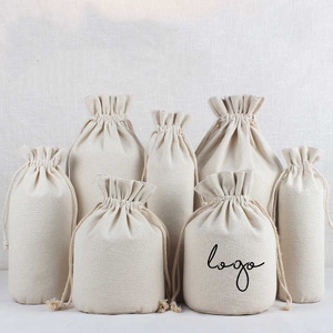 Bolsa con cordón para embalaje de velas de lino y algodón de lona beige con logotipo personalizado con fondo redondo - Product Image 1