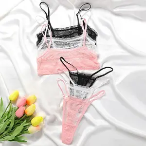 Sexy lace wrapped erotic see-through T pants lingerie set female large size adjustable poly top support ladies bra