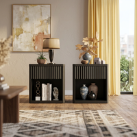 Table de chevet noire à grain de bois cannelé, armoire de chevet avec tiroir rabattable, table d'appoint de chambre à coucher avec rangement ouvert