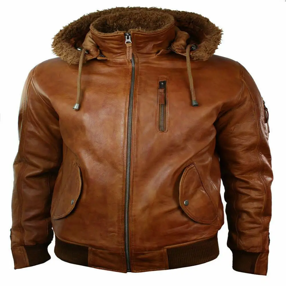 असली लेदर बॉम्बर मोटरसाइकिल जैकेट अलग Hooded फर के साथ अनुकूलित आकार Mens बाइकर रेट्रो ब्राउन पुरुषों सर्दियों जैकेट पुरुष पुरुषों