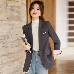 Women's Grey Blazer Solid Color Polyester Anti-Wrinkle Spring Autumn Casual Elegant Commute Style - Product Image 1