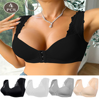 Sujetador push-up inalámbrico de encaje con cierre frontal, talla grande, antideslizante, con copas engrosadas y transpirables de una sola pieza.