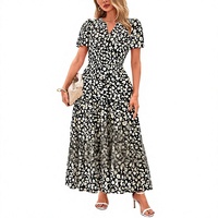 Robes maxi bohèmes florales d'été pour femmes |   Robe de soirée longue à volants, coupe trapèze, manches courtes, col en V, taille élastique, poches