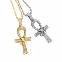 Collier Pendentif Ankh en Laiton avec Zircon Cubique, Motif Œil d'Horus et Clé de Vie, Style Égypte Ancienne Vintage, Breloque Gardien de Vie, Chaîne Corde Hip Hop