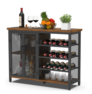 Rustic Wood Metal Sideboard Buffet Wine Bar cabinet Liquor Glasses display Rack Table with mesh Doors