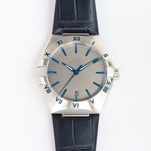 Reloj de Hombre Mecánico Automático de Lujo Ultra Prestigioso con Diseño de Cuatro Garras, Esfera Plateada, Manecillas Azules, Caja de Acero, Correa de Cuero Azul y Fecha - Product Image 2