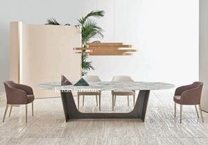 Juego de Mesa de Comedor Ovalada Moderna de Lujo Ligero para 8 Personas, Mesa de Comedor de Madera Maciza con Base de Mármol, <span class=keywords><strong>Cuero</strong></span> y Metal - Product Image 3