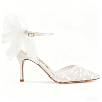 Chaussures de mariée blanches à nœud en dentelle, bout pointu, talons épais, bride à boucle pour mariage et fête
