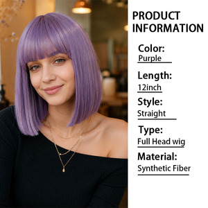 Perruques synthétiques courtes bob violet lavande avec frange, résistantes à la chaleur, aspect naturel, ajustables, sans colle, vente en gros, fabricant OEM/ODM - Product Image 2