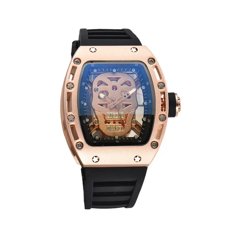RM Punk สไตล์กะโหลกโปร่งใสสายยางกลวงถังไวน์นาฬิกา Tonneau