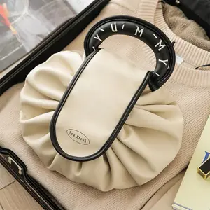 Tas serut untuk perjalanan wanita, tas kosmetik kulit PU penyimpanan kapasitas besar tahan air tas Makeup tali serut kustom