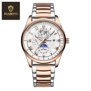 BINBOND Men's Business Quartz Chronograph <b>Watch</b> with Glass Dial Pointer Display Stainless Steel Band Luminous Hands Waterproof - Product Image 3