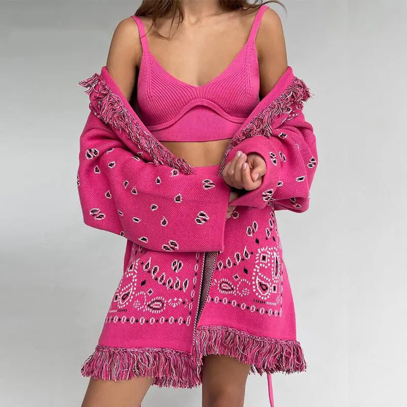 Women Cardigan 2021 Fall Fashion Fur Casual Tapestry Cotton Ladies Long Sleeves Loose Bandage Tassel Knitting Sweater Girls Coat