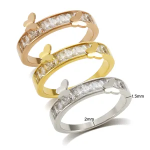 Mode nicht trüben Edelstahl Schmuck 18 Karat vergoldet CZ Zirkon Kristalls tein Schmetterling Charme Fingerringe für Frauen