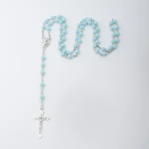 European and American models green pearl prayer bead necklace imitation pearl beaded cross necklace for foreign trade supply