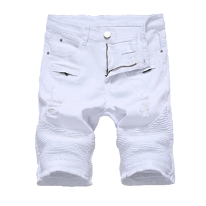 Custom Manufacturer Mens <b>White</b> Ripped <b>Biker</b> Denim <b>Shorts</b> Streetwear Slim Fit Distressed Plisse Pleated Zipper Casual Jean <b>Shorts</b> - Product Image 1