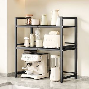 Customize 2-Layer Carbon Steel Retractable Microwave <b>Shelf</b> <b>Kitchen</b> Accessories Storage Rack with Knife Holder Chopsticks Holder - Product Image 2