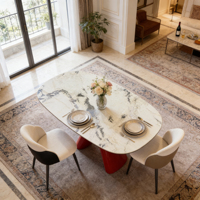 Table à manger ovale en marbre de luxe moderne avec base conique rouge, table à manger en pierre naturelle pour la maison et les restaurants