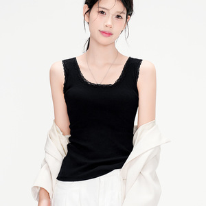 Canotta da <span class=keywords><strong>donna</strong></span> in maglia a costine 260GSM con finiture in pizzo, 95% <span class=keywords><strong>cotone</strong></span> 5% spandex, senza maniche, casual estiva, basic, sottogiacca - Product Image 5